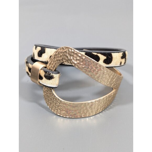 Cheetah Animal Print Faux Fur Gold Tone Hammered Wrap Bracelet 14 inch Boho - Picture 2 of 15